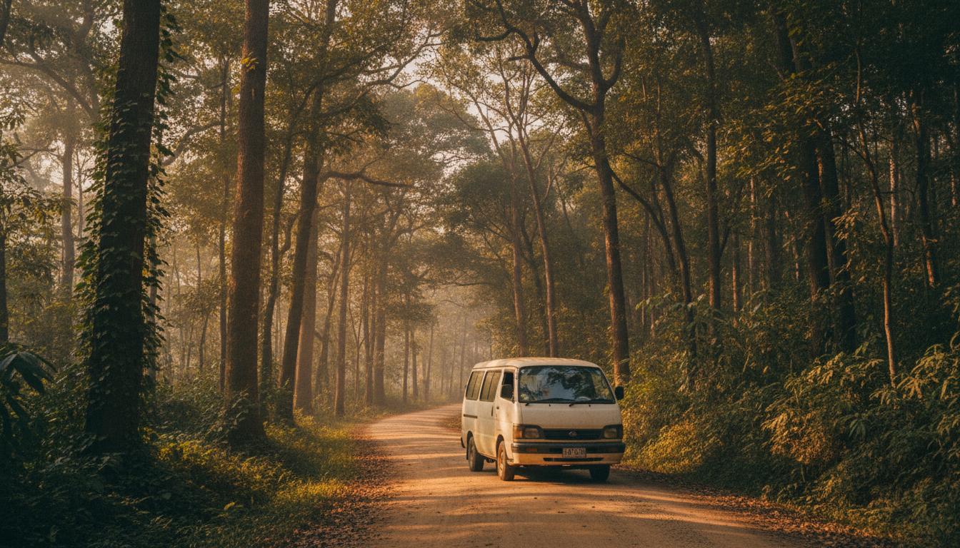 Van on forest road in Laos - FAQ for car rental booking Vientiane airport transfer service