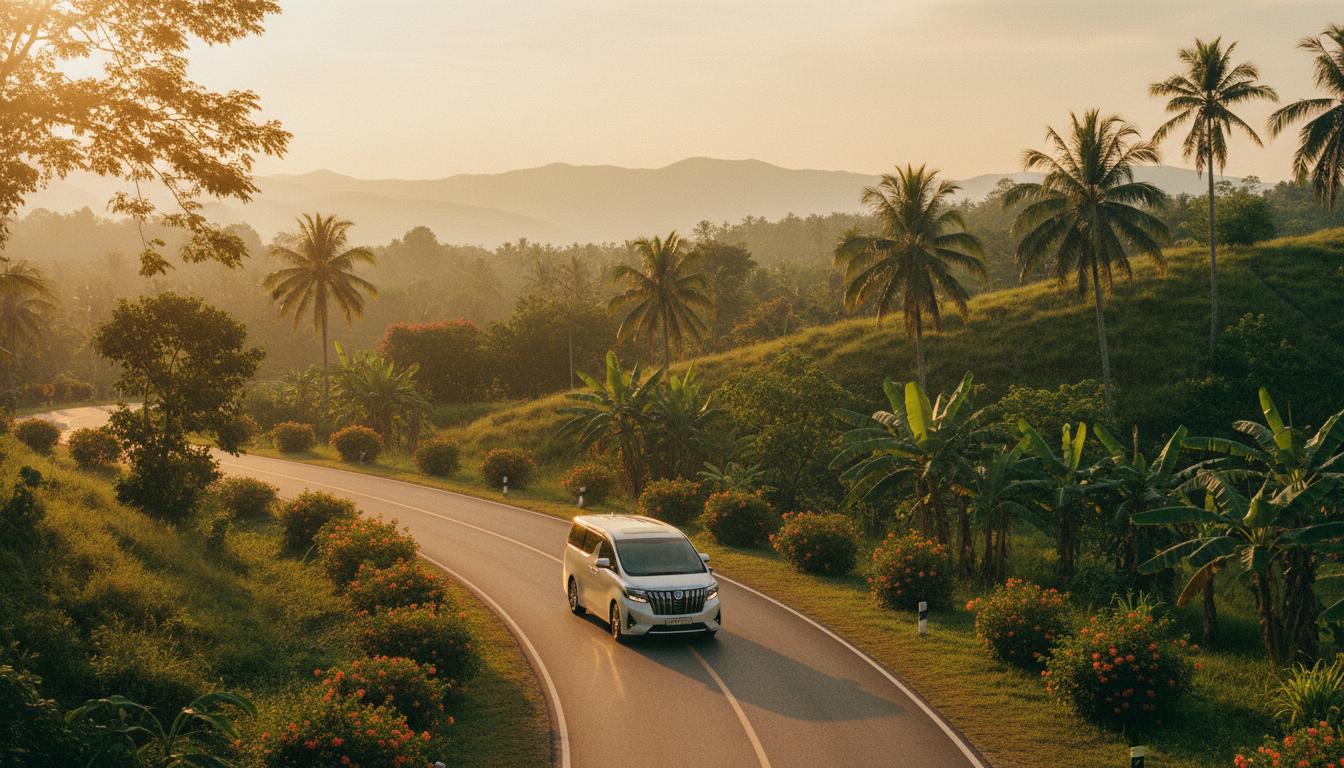 ANP Car Rental fleet van on road in Laos - SUV, minivan, and minibus for hire in Vientiane