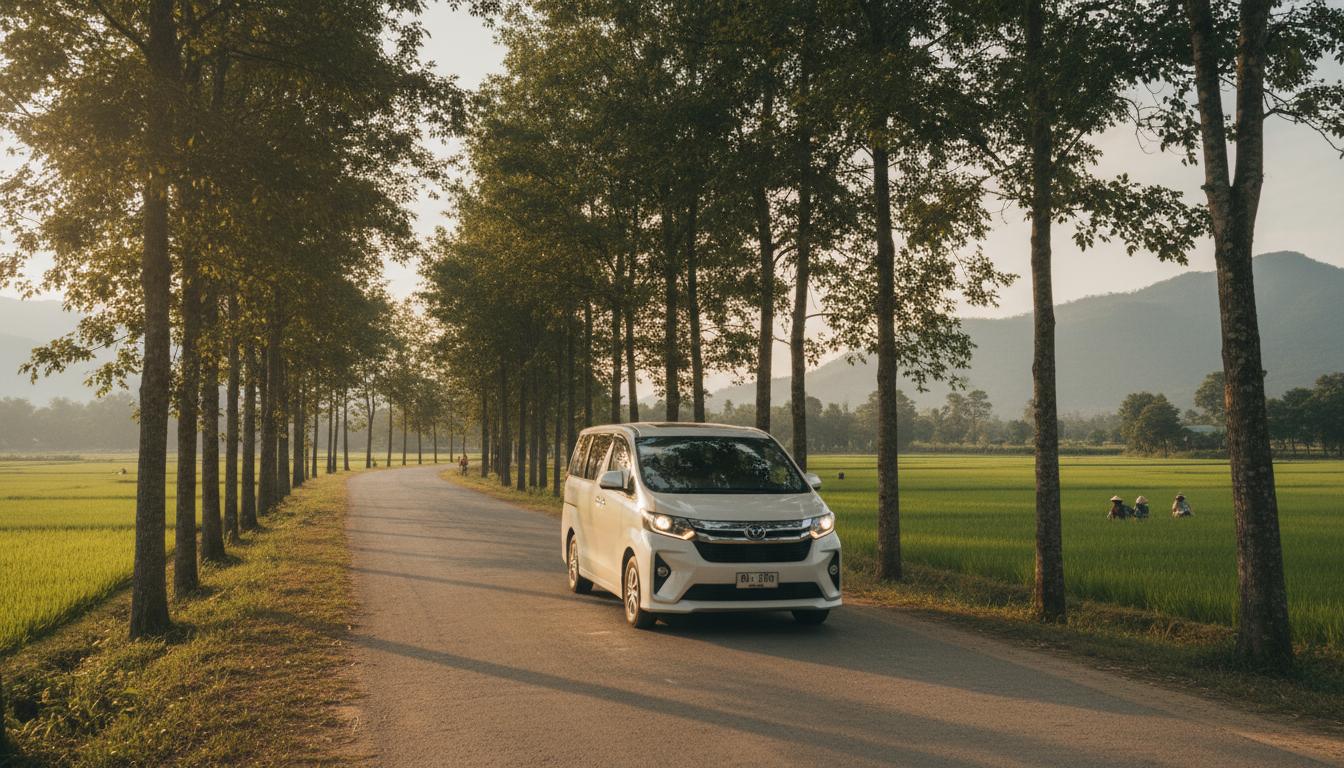 Van on rural road in Laos - transparent pricing for car rental Vientiane airport transfer