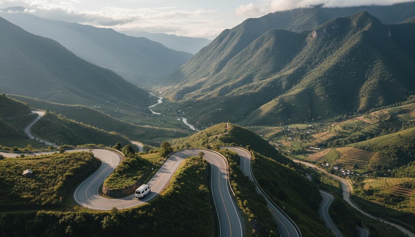 Winding road in Laos for airport transfer, intercity trip, and multi-day car rental service
